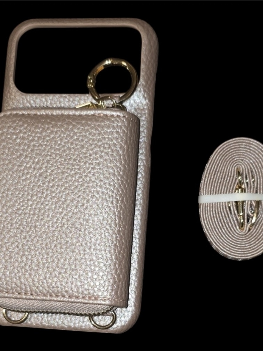 iPhone 17 Pro Max Crossbody Wallet Case - Metallic Rose Gold Zipper Purse